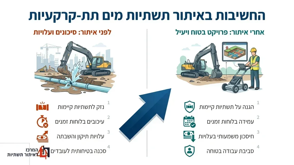 אחרי הפסקה המסבירה על החשיבות של איתור תשתיות מים לפני תחילת עבודות כדי למנוע נזקים. ציוד טכנולוגי מתקדם לאיתור תשתיות מים בשטח הפרויקט