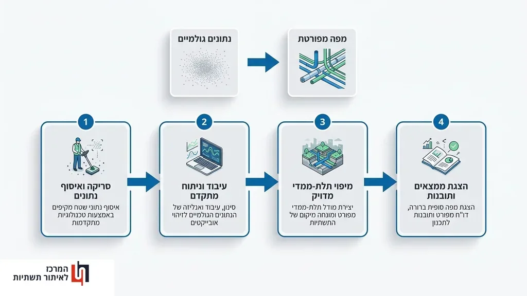 אחרי פירוט השלבים המרכזיים בדרך לאיתור התשתית בשטח, כולל סריקה ואיסוף נתונים. צוות המרכז לאיתור תשתיות מבצע סריקה ומיפוי של קווי מים